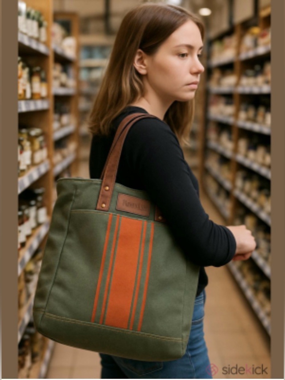 Canvas & Leather Tote Bag Green Stripe Travel Weekender 16x13